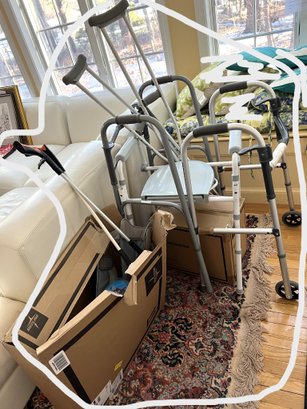 FR/ 7 Pc Medical Equipment & Supplies Bundle - 2 Walkers, Portable Commode, Crutches, Cane, Grabbers Etc