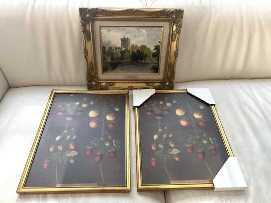 FR/ 2 Framed Prints 'The Strawberry' George Brookshaw MFA & Ornate Gilt Framed 'Blarney Castle'