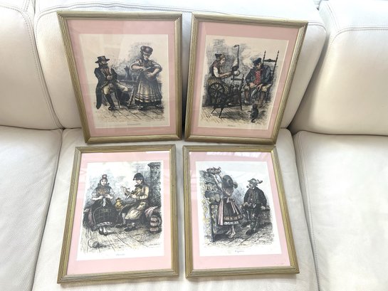 FR/ 4 Framed Wall Art Prints German Scenes Of Everyday Home Life Signed E. Kirschf...?