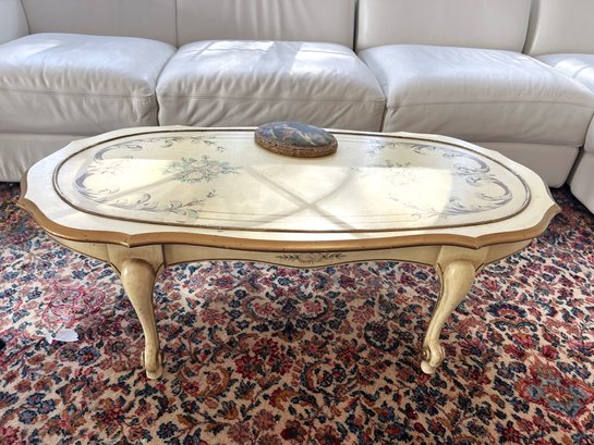 FR/ Vintage Oval French Provincial Style Painted Coffee Table & Victorian Style Scene On Oval Wall Plaque