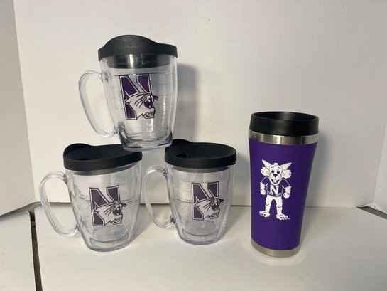 AN/CR147 Box - 4 Northwestern Wildcats: 3 Tervis Insulated Handled Mugs, 1 Steel Hot/Cold Cup