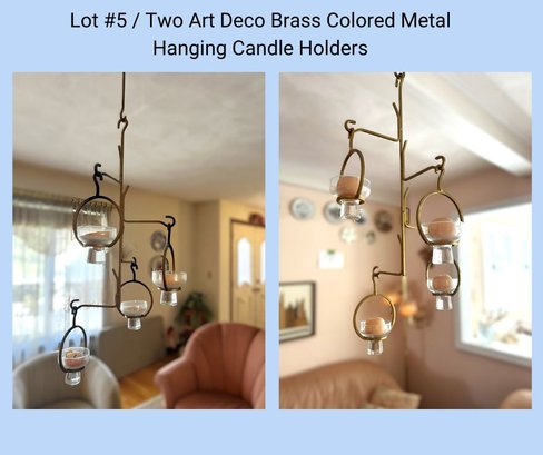 LR/ Box Of 2 Sets Of Cool Art Deco Brass Colored Metal Hanging Candle Holders