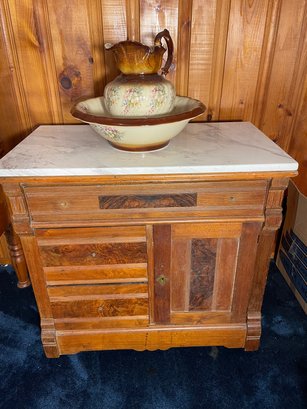 2B/ 3pcs - Vintage Wood Washstand Cabinet On Wheels W Marble Top, Allendale Pottery Wash Basin & Pitcher