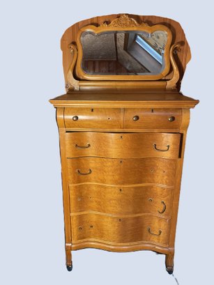 2B/ Vintage 6 Drawer Birdseye Maple Bureau With Ornate Beveled Mirror On New Casters