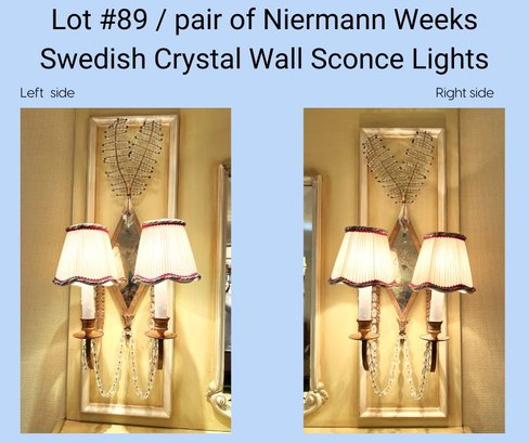DR/ Pair #2 Niermann Weeks Swedish Crystal Wall Sconces, 2 Arms, Antiqued Glass, Pickled Gold Leaf