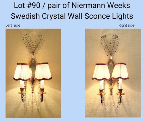 DR/ Pair #1 Niermann Weeks Swedish Crystal Wall Sconces, 2 Arms, Antiqued Glass, Pickled Gold Leaf