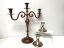 3 Candlestick Holders - 2 Low Gorham Sterling Cement Filled & 1 Reddish Metal Candelabra From India