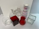 6 Pc  Assorted Vase Lot - 1 Tall Striped Le Faubourg Portugal, 2 Red, 2 Clear Glass., 1 Clear Squirrel Shaped