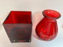 6 Pc  Assorted Vase Lot - 1 Tall Striped Le Faubourg Portugal, 2 Red, 2 Clear Glass., 1 Clear Squirrel Shaped