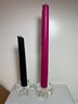 2 Boxes - 15 Clear Glass Star Shaped & 2 Flower Shaped Candle Holders & Box Of Black & Pink Taper Candles