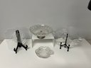4 Pc Glass Serving Dishes - 1 Glass Bowl W Silverplate Pedestal, 2 Shaped Dishes, 1 Pressed Glass Candy Dish