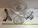 4 Pc Glass Serving Dishes - 1 Glass Bowl W Silverplate Pedestal, 2 Shaped Dishes, 1 Pressed Glass Candy Dish