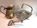 3  Silverplate Pcs - Pierced Reticulated Handled Basket Peacock Design, Etched Pitcher, Meat 2 Prong Fork