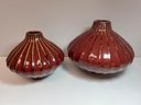 Set Of 2 Unique Brownish-Red & Mustardy-gold Glazed Squat Gourd Shaped Vases