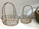 3 Pc Gold Basket Bundle - 2 Gold Handled Metal W Red Bead Accent, 1 Large Gold Painted Handled Wicker