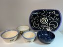 5 Pc Assorted Blue Painted Pottery Pieces - Apilco Porcelain France, Robin Spear