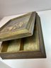 Vintage Victorian Lift Top Dressing Keepsake Box - Victorian Scene Top Cover, Mirror Inside Cover