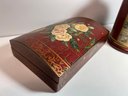 2 Vintage Style Painted Wood Pcs - 'the World' Container W Lid & Roses Hinged Box Felt Interior Jeanne Reed's