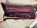 B/ 4 Pcs - Vintage Trombones In Cases - Bach Stradivarius & Conn, And 2 Folding Metal Music Stands