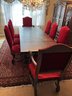 DR/ Gorgeous Dark Wood Dining Table W 2 Removable End Leaves & 8 Matching Rich Red Velvet Chairs