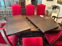 DR/ Gorgeous Dark Wood Dining Table W 2 Removable End Leaves & 8 Matching Rich Red Velvet Chairs