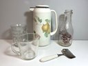 Ross Dairy Bottle, Mikasa Therma Carafe, Henri Willig Holland Cheese Grater, Pyrex Measure Cup, Pressed Glass