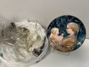 7 Beautiful Edna Hibel Collector Plates - All Mother & Child Series - & Bag Of Asstd Plate Stands