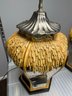 Pair Of Mid Century Modern Silver Table Lamp W 3D Glazed Gold Accents & Shades W Dark Top Bottom Trim