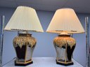 Pair Of Mid Century Modern Silver Table Lamp W 3D Glazed Gold Accents & Shades W Dark Top Bottom Trim