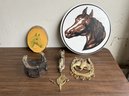 G/ Box 6pcs - Horse Theme Lot: Wall Plaques, Hooks, Mounted Holder