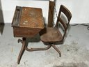 G/ Antique Child's School Desk & Chair, Wood & Iron, 1 Piece Connected, Lift Top Desk
