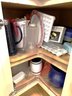 K/ Corner Lazy Susan Cabinet Filled W Plastic Glass Ceramic Pitchers, Butter Dishes, Molds & More