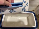 K/ 2 Blue & White Pcs- Inspirado Seattle Stonelite Lemons Ceramic Bread Biscotti Box & Sunflower Tea Bag Caddy