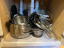 K/ 2 Lower Cabinets W Assorted Cookware - Pots, Pans, Colanders/Strainers, Mixing Bowls Etc