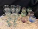 K/13 Assorted Colored Wine Glasses - 7 Thick Green Glass Flared Top, 6 Thin Delicate Glass Balloon Goblets