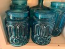 K/ 5 Pc Aqua Blue Pcs - 2 Lg 2 Med L E Smith Blue Moon & Stars Open Jars, Italian Empoli Style Sq Decanter