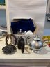 K/ 5 Pcs - 2 Teapots Raj Stacked Silver & Hammered Alum Indonesia & Iron Door Stop, Candle Holder & Horseshoe