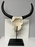 Decorative Art Resin Cow Steer Skull & Horns On A Black Stand