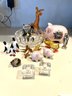 K/ 18 Pc Miniatures - Pottery Jugs, Glass Animals, Pigs, Glass Candle Holders, Wind Up Raccoon, Wood Angel...
