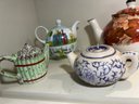 K/ Shelf W 8 Teapots - Crossroads, Born To Shop, Lefton, Alice In Wonderland's Cafe, Royal Danube, Kent Potter