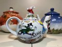 K/ Shelf W 8 Teapots - Crossroads, Born To Shop, Lefton, Alice In Wonderland's Cafe, Royal Danube, Kent Potter
