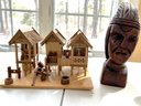 FR/ 2 Unique Pcs - Northern Thai House Replica Of Bamboo & Teak And Carved Wood Tribal Head