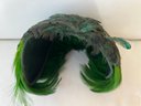FR/ 3 Vintage Pcs - Ladies Beautiful Green Feather Hat, Paper Parasol & Embroidered Handkerchief