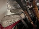 BR/ 2 Vintage Golf Bags & Sets Of Clubs & Cart - Wilson Strata & Sam Snead, Macgregor, Titelist, Monie T?