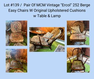 UB2/ 4pcs - Pair Of MCM Vintage 'Ercol' 252 Berge Easy Chairs W Original Upholstered Cushions, Table & Lamp