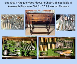 2B/ Antique Wood Flatware Chest-Cabinet-Table W Ainsworth Silverware Set For 12 & Assorted Flatware