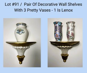 LR/ 5pcs - Pair Of Decorative Wall Shelves With 3 Pretty Vases - 1 Is Lenox