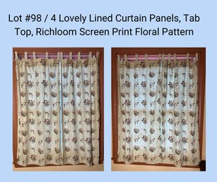 2D/ 4pcs - Lovely Lined Curtain Panels, Tab Top, Richloom Screen Print Floral Pattern