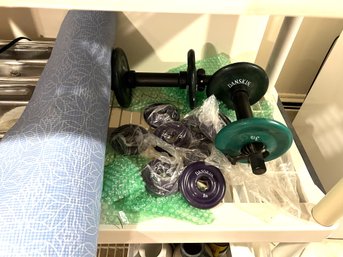BR/ Fitness Bundle - Violet Colored Yoga Fitness Mat, 2 Danskin Dumb Bells W Add On Round Weight Plates