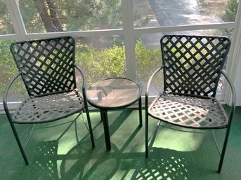 SP/ 3 Pc Patio Deck Furniture - Dark Green Metal Frame, 2 Arm Chairs & 1 Sm Glass Top Round Table